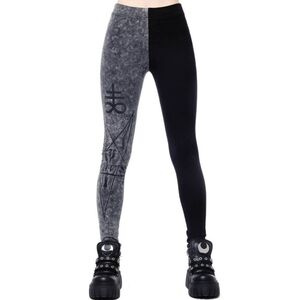KILLSTAR ✦ Two‑Faced Witch Graphic Leggings ✦ Black Grey Contrast Stretch XS